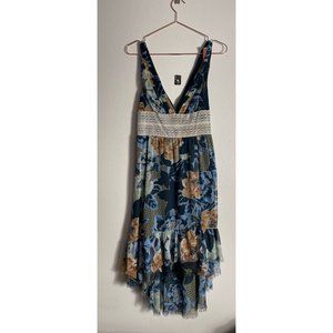 Free People Womens Sleeveless Crochet V-Neck Pleated Floral Dress Blue Sz 6